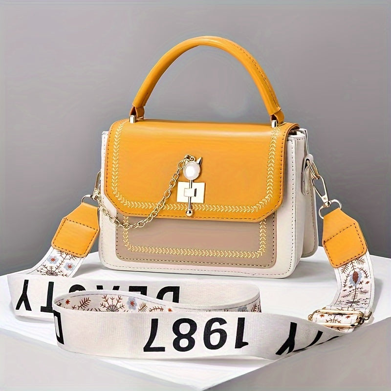 Stylish Two-Tone Chic Womens Handbag - Fashionable Crossbody Purse with Adjustable Printed Strap, Spacious Interior, and Durable PU Material - Zipper Closure, Edge Painted, and Polyester Lining for a Chic Look
